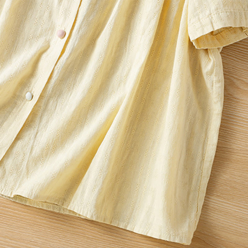 Camicia da donna a maniche corte con scollo a V, motivo jacquard plissettato e volant Buddha Stones - image 13