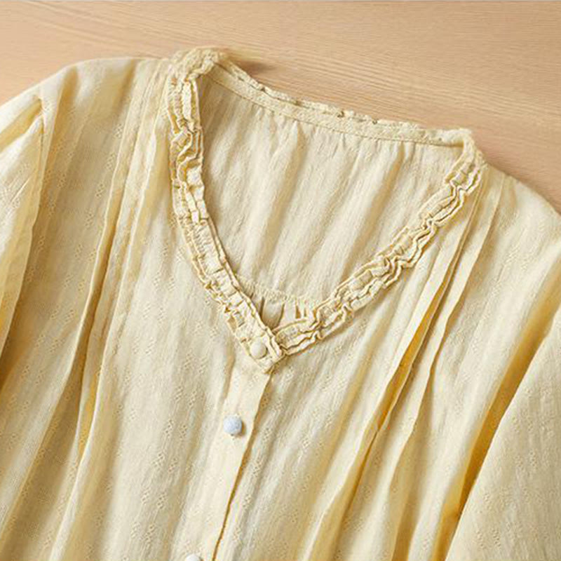 Camicia da donna a maniche corte con scollo a V, motivo jacquard plissettato e volant Buddha Stones - image 11