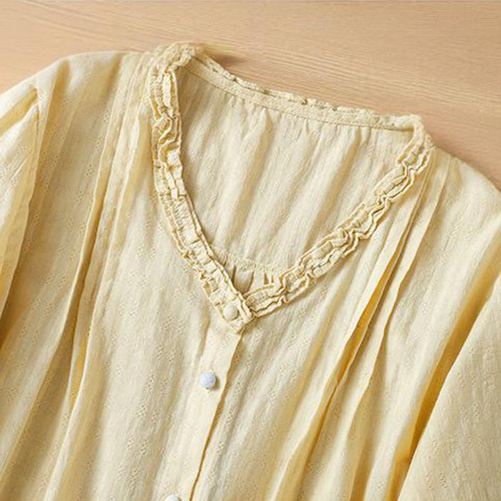 Camicia da donna a maniche corte con scollo a V, motivo jacquard plissettato e volant Buddha Stones - image 11