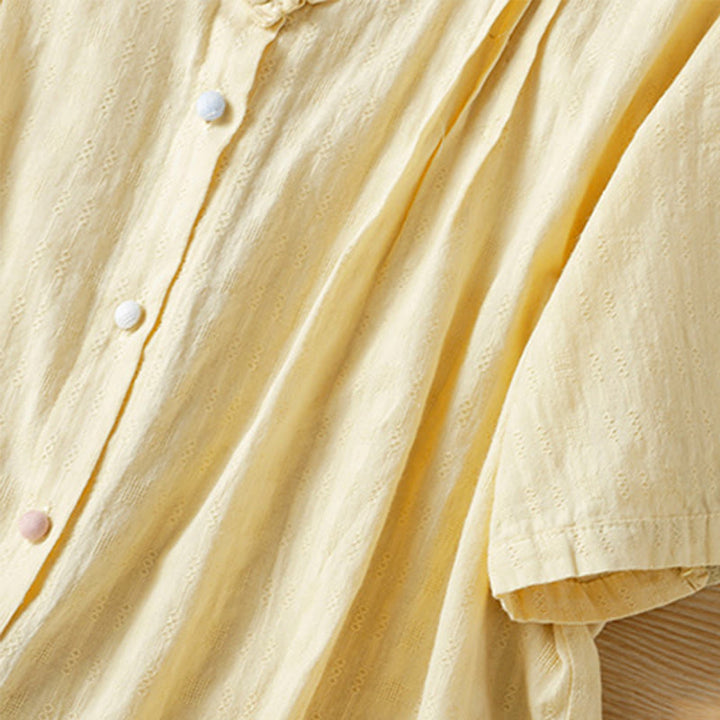 Camicia da donna a maniche corte con scollo a V, motivo jacquard plissettato e volant Buddha Stones - image 12