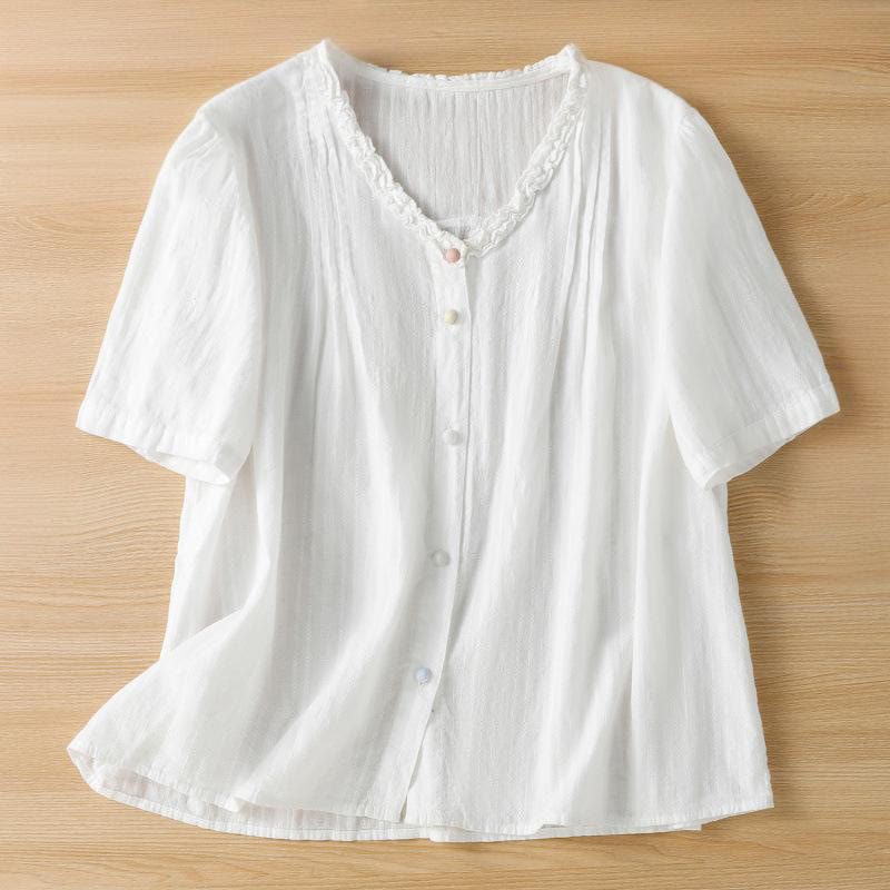 Camicia da donna a maniche corte con scollo a V, motivo jacquard plissettato e volant Buddha Stones - Bianco - US14, UK/AU18, EU46 (2XL) - image 14