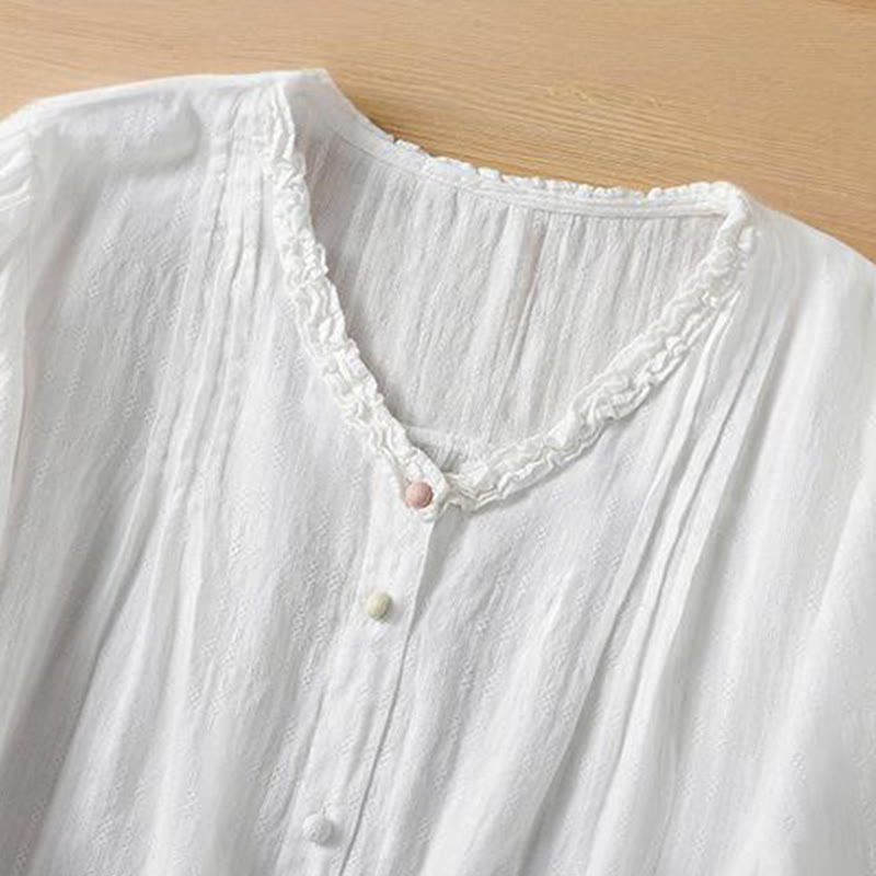 Camicia da donna a maniche corte con scollo a V, motivo jacquard plissettato e volant Buddha Stones - image 16