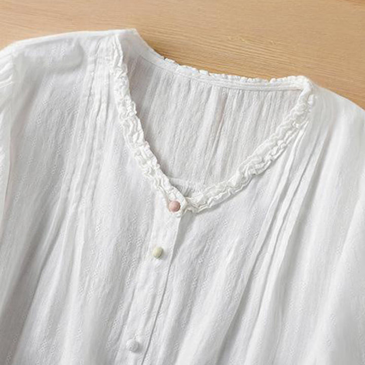 Camicia da donna a maniche corte con scollo a V, motivo jacquard plissettato e volant Buddha Stones - image 16
