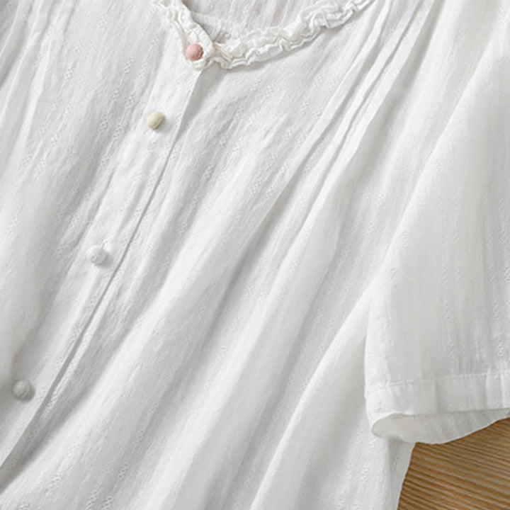 Camicia da donna a maniche corte con scollo a V, motivo jacquard plissettato e volant Buddha Stones - image 17