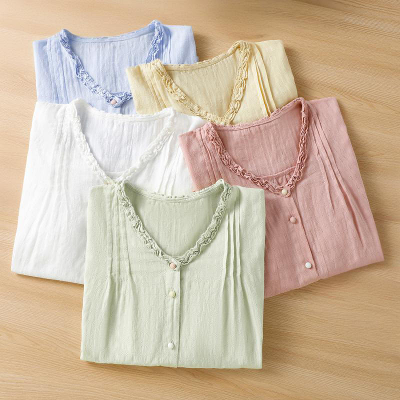 Camicia da donna a maniche corte con scollo a V, motivo jacquard plissettato e volant Buddha Stones - image 25