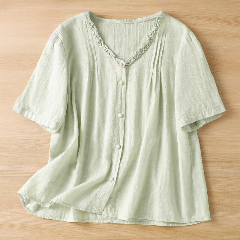 Camicia da donna a maniche corte con scollo a V, motivo jacquard plissettato e volant Buddha Stones - Verde pallido - US14, UK/AU18, EU46 (2XL) - image 1