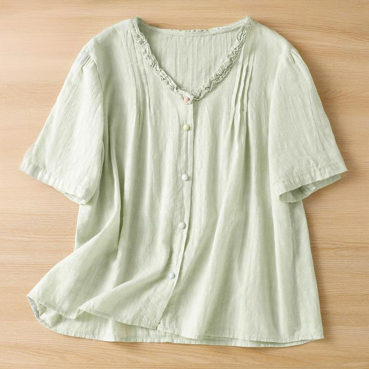 Camicia da donna a maniche corte con scollo a V, motivo jacquard plissettato e volant Buddha Stones - Verde pallido - US14, UK/AU18, EU46 (2XL) - image 1