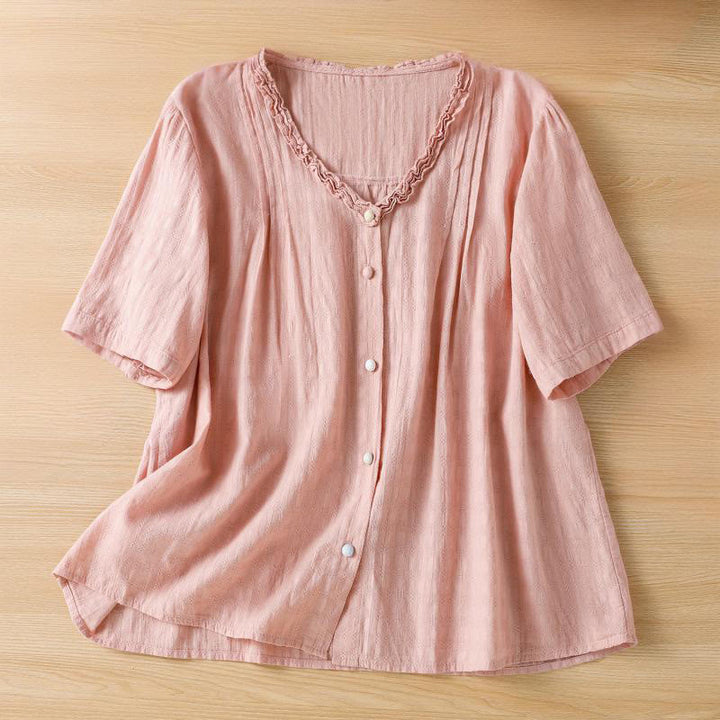Camicia da donna a maniche corte con scollo a V, motivo jacquard plissettato e volant Buddha Stones - Salmone Scuro - US14, UK/AU18, EU46 (2XL) - image 19