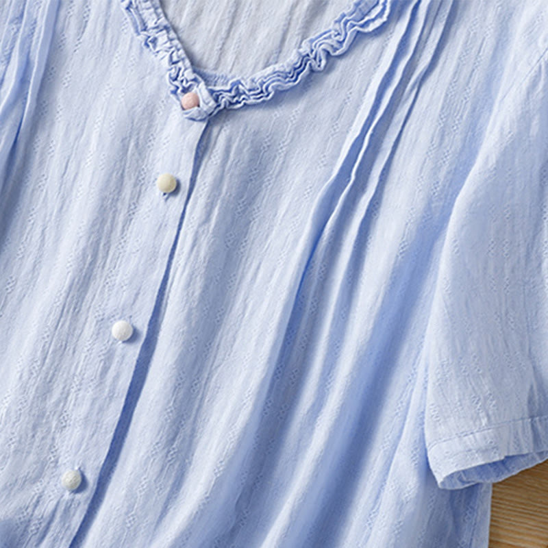 Camicia da donna a maniche corte con scollo a V, motivo jacquard plissettato e volant Buddha Stones - image 8
