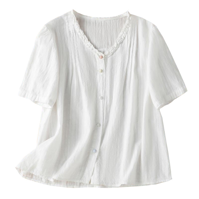 Camicia da donna a maniche corte con scollo a V, motivo jacquard plissettato e volant Buddha Stones - image 18