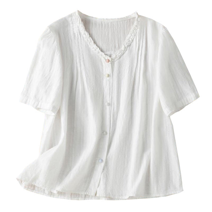 Camicia da donna a maniche corte con scollo a V, motivo jacquard plissettato e volant Buddha Stones - image 18