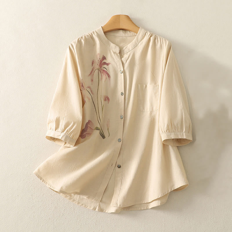 Camicia da donna in cotone e lino con maniche a sbuffo e stampa quotidiana di Buddha Stones e motivo a giglio - Mocassino - US12, UK/AU16, EU44 (2XL) - image 12