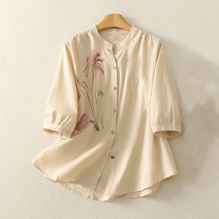 Camicia da donna in cotone e lino con maniche a sbuffo e stampa quotidiana di Buddha Stones e motivo a giglio - Mocassino - US12, UK/AU16, EU44 (2XL) - image 12