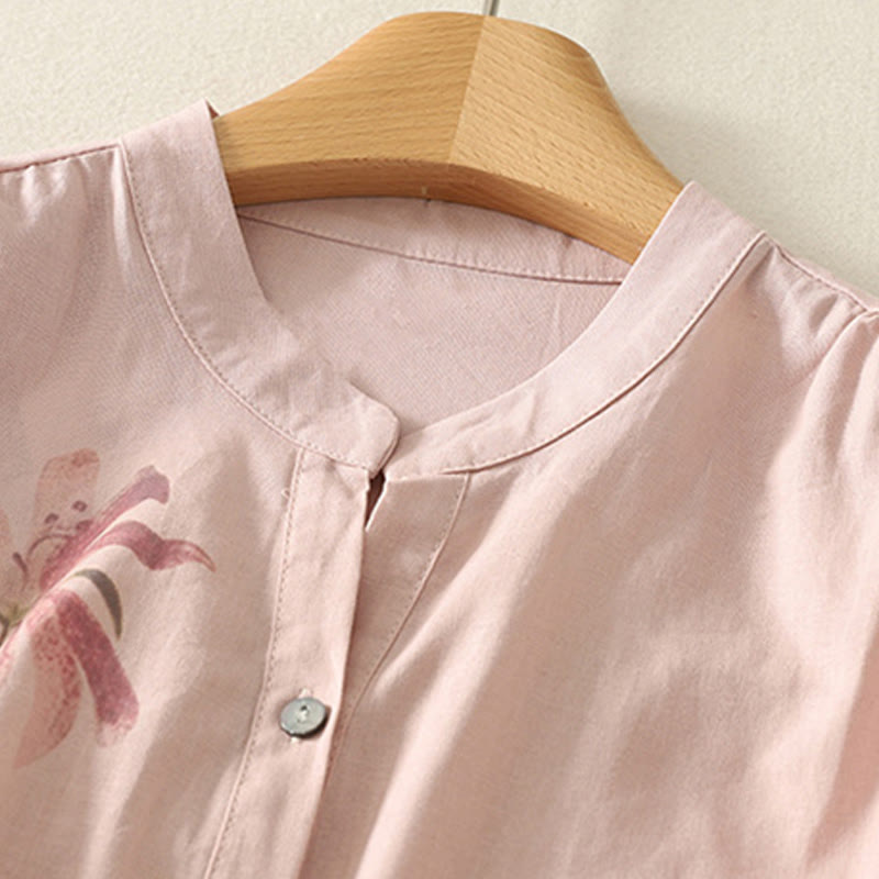 Camicia da donna in cotone e lino con maniche a sbuffo e stampa quotidiana di Buddha Stones e motivo a giglio - image 3