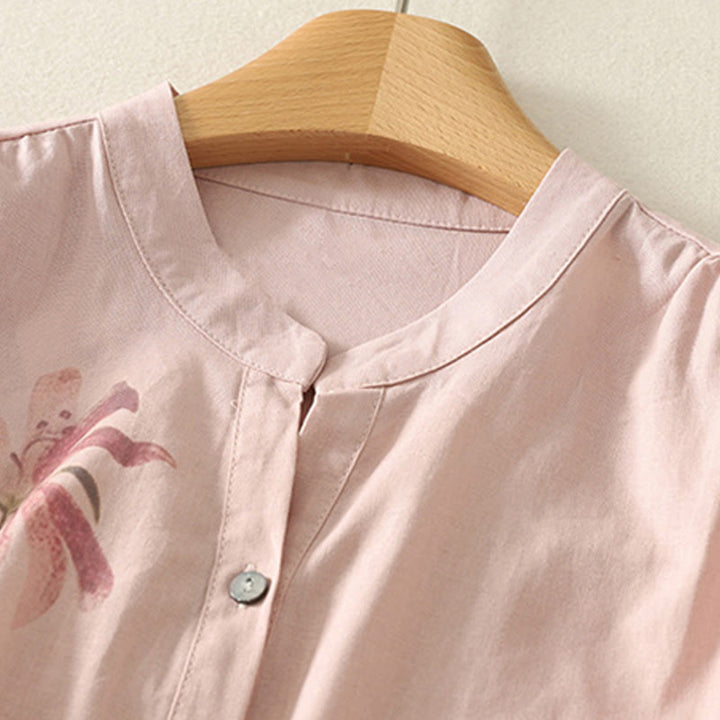 Camicia da donna in cotone e lino con maniche a sbuffo e stampa quotidiana di Buddha Stones e motivo a giglio - image 3