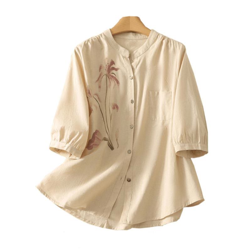 Camicia da donna in cotone e lino con maniche a sbuffo e stampa quotidiana di Buddha Stones e motivo a giglio - image 17