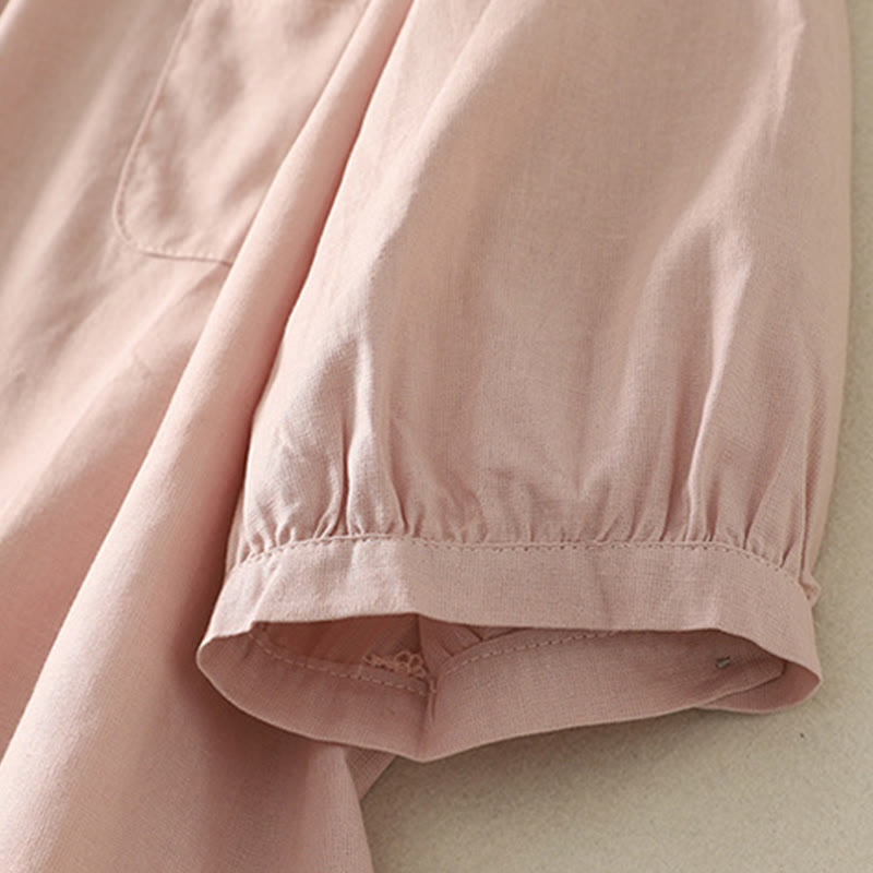 Camicia da donna in cotone e lino con maniche a sbuffo e stampa quotidiana di Buddha Stones e motivo a giglio - image 8