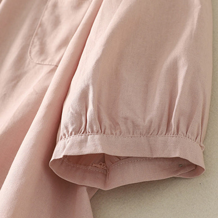 Camicia da donna in cotone e lino con maniche a sbuffo e stampa quotidiana di Buddha Stones e motivo a giglio - image 8