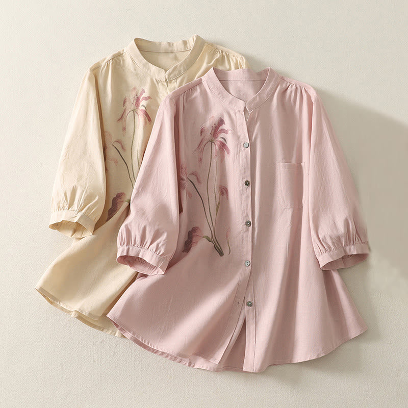 Camicia da donna in cotone e lino con maniche a sbuffo e stampa quotidiana di Buddha Stones e motivo a giglio - image 18