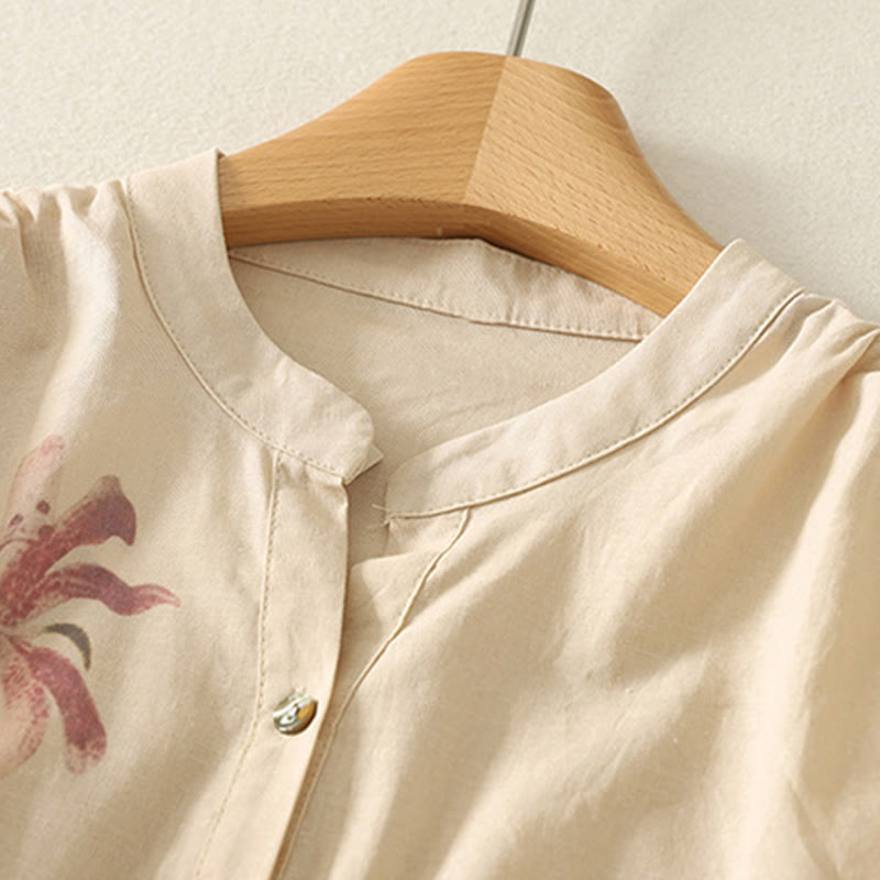 Camicia da donna in cotone e lino con maniche a sbuffo e stampa quotidiana di Buddha Stones e motivo a giglio - image 13