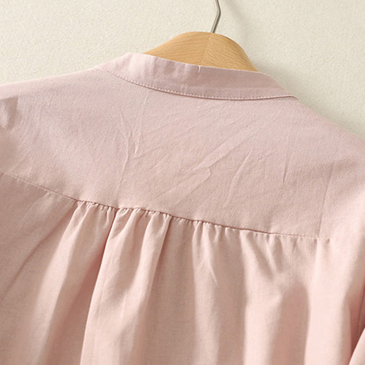 Camicia da donna in cotone e lino con maniche a sbuffo e stampa quotidiana di Buddha Stones e motivo a giglio - image 4