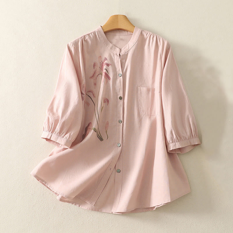 Camicia da donna in cotone e lino con maniche a sbuffo e stampa quotidiana di Buddha Stones e motivo a giglio - Rosa chiaro - US12, UK/AU16, EU44 (2XL) - image 1