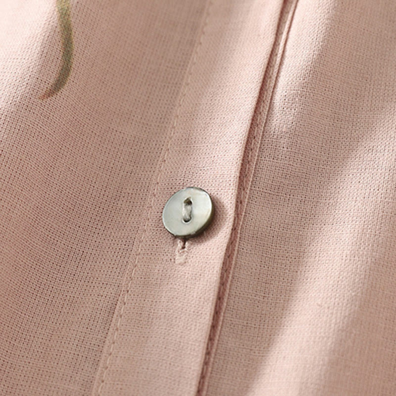 Camicia da donna in cotone e lino con maniche a sbuffo e stampa quotidiana di Buddha Stones e motivo a giglio - image 6