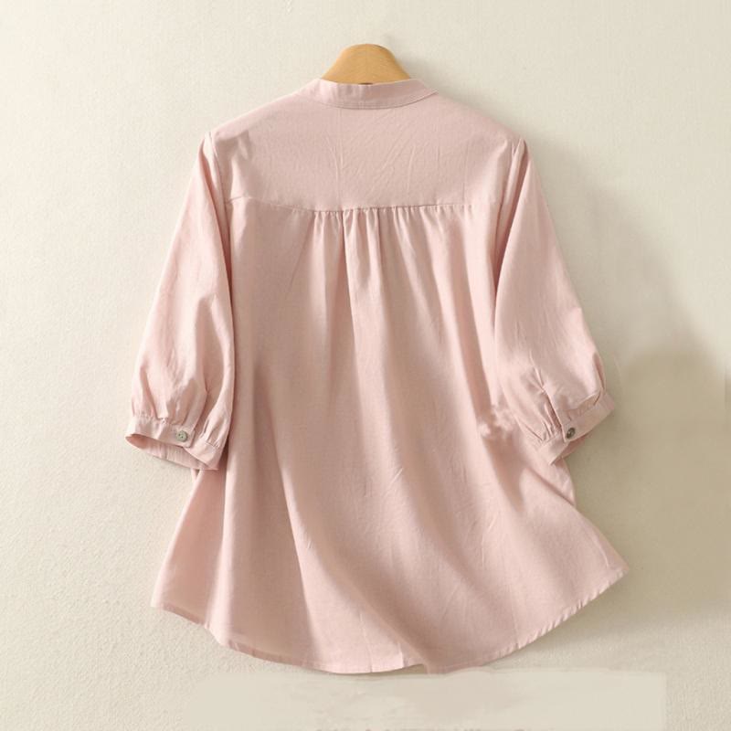 Camicia da donna in cotone e lino con maniche a sbuffo e stampa quotidiana di Buddha Stones e motivo a giglio - image 2