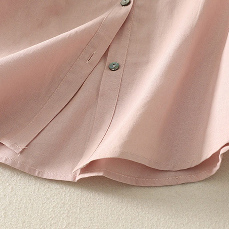 Camicia da donna in cotone e lino con maniche a sbuffo e stampa quotidiana di Buddha Stones e motivo a giglio - image 10