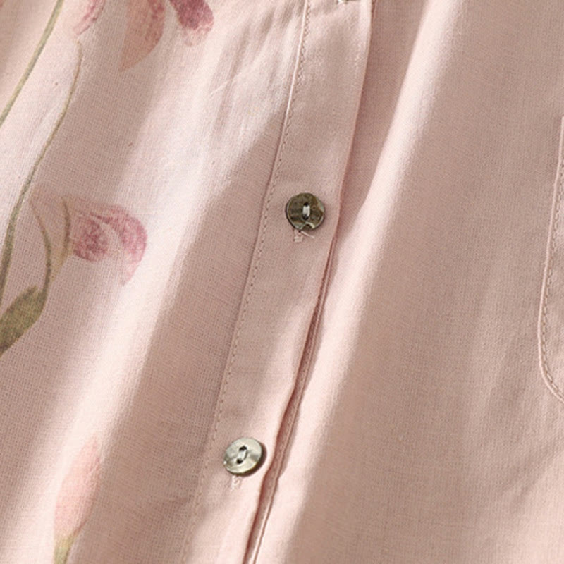 Camicia da donna in cotone e lino con maniche a sbuffo e stampa quotidiana di Buddha Stones e motivo a giglio - image 5