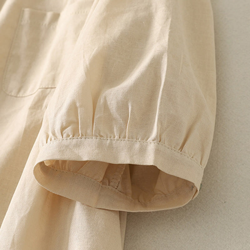 Camicia da donna in cotone e lino con maniche a sbuffo e stampa quotidiana di Buddha Stones e motivo a giglio - image 15