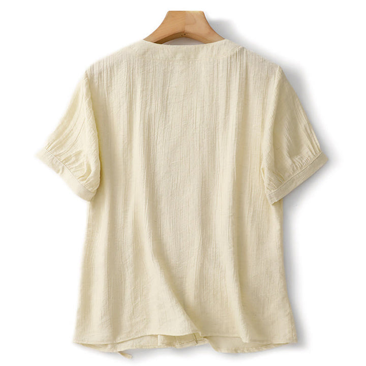 Camicia da donna in cotone a maniche corte con lacci asimmetrici e motivo Buddha Stones - image 9