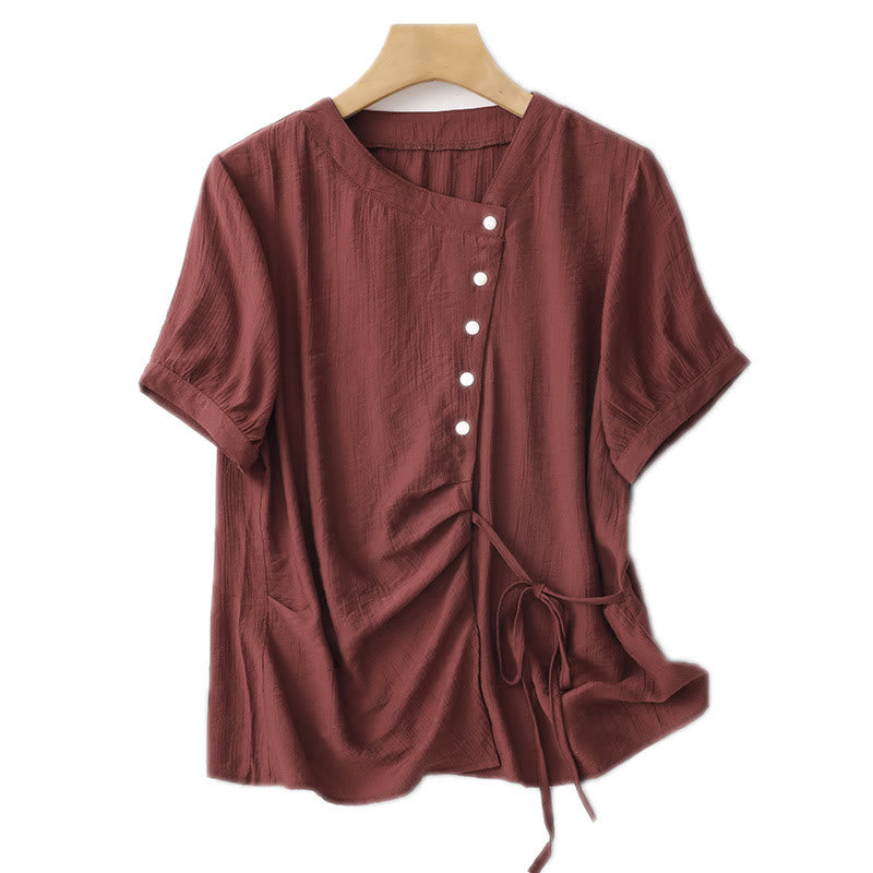 Camicia da donna in cotone a maniche corte con lacci asimmetrici e motivo Buddha Stones - image 24