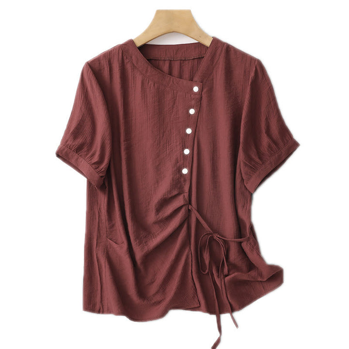Camicia da donna in cotone a maniche corte con lacci asimmetrici e motivo Buddha Stones - image 24