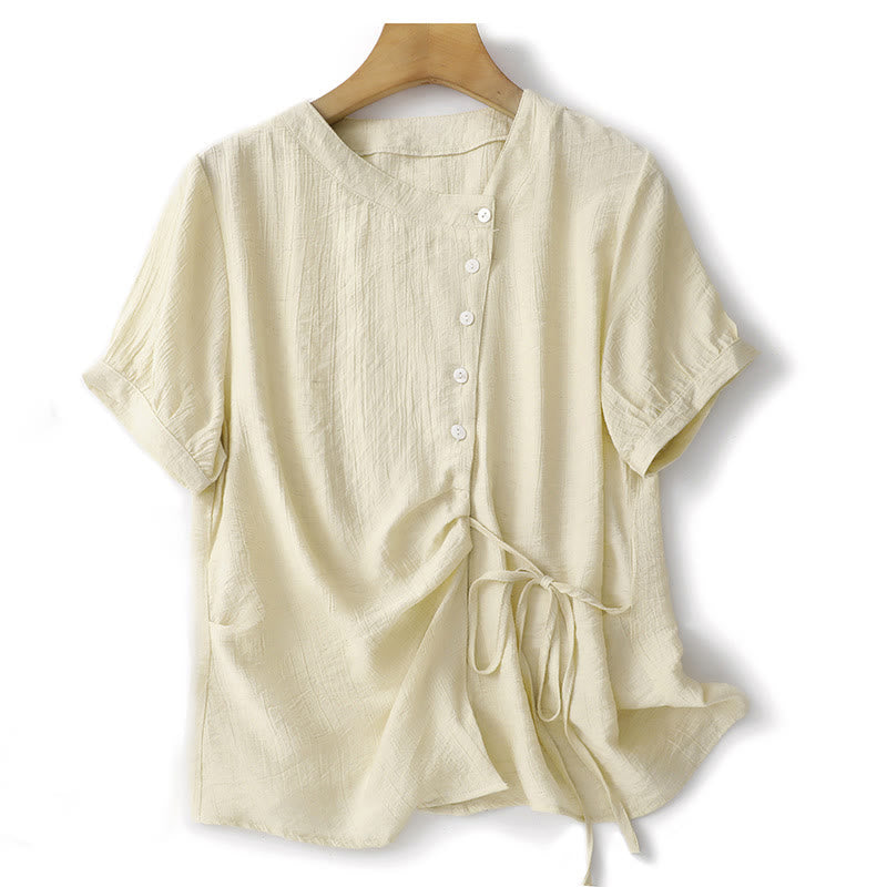 Camicia da donna in cotone a maniche corte con lacci asimmetrici e motivo Buddha Stones - Verga d'oro chiaraGiallo - US8-10, UK/AU12-14, EU40-42 (2XL) - image 8