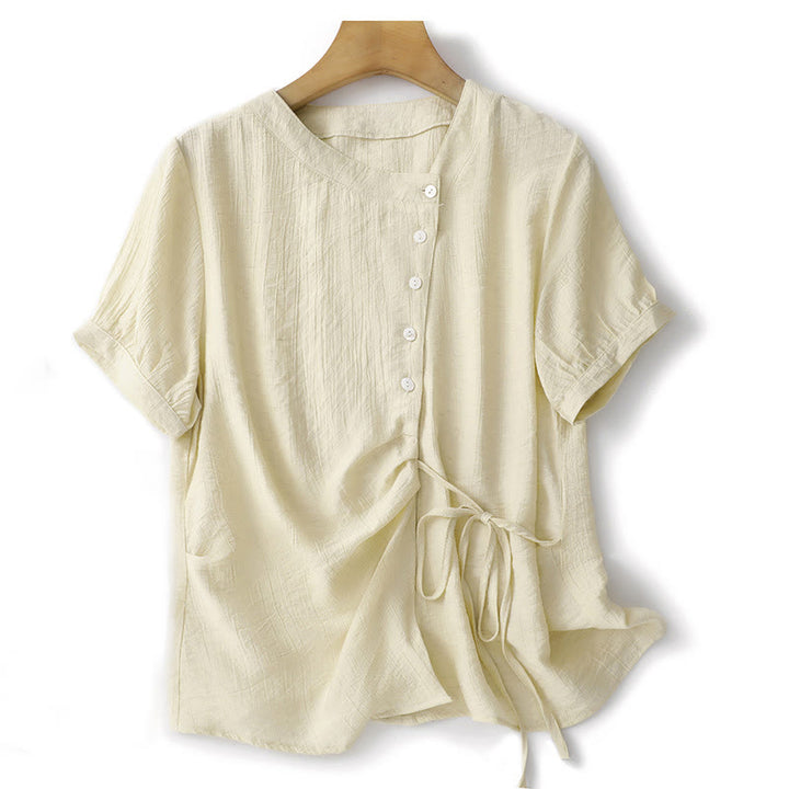 Camicia da donna in cotone a maniche corte con lacci asimmetrici e motivo Buddha Stones - Verga d'oro chiaraGiallo - US8-10, UK/AU12-14, EU40-42 (2XL) - image 8