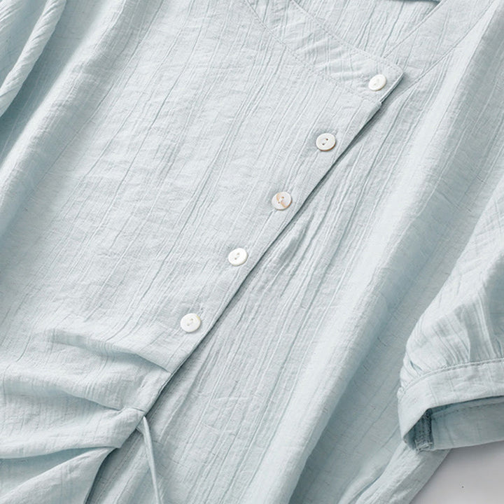 Camicia da donna in cotone a maniche corte con lacci asimmetrici e motivo Buddha Stones - image 4