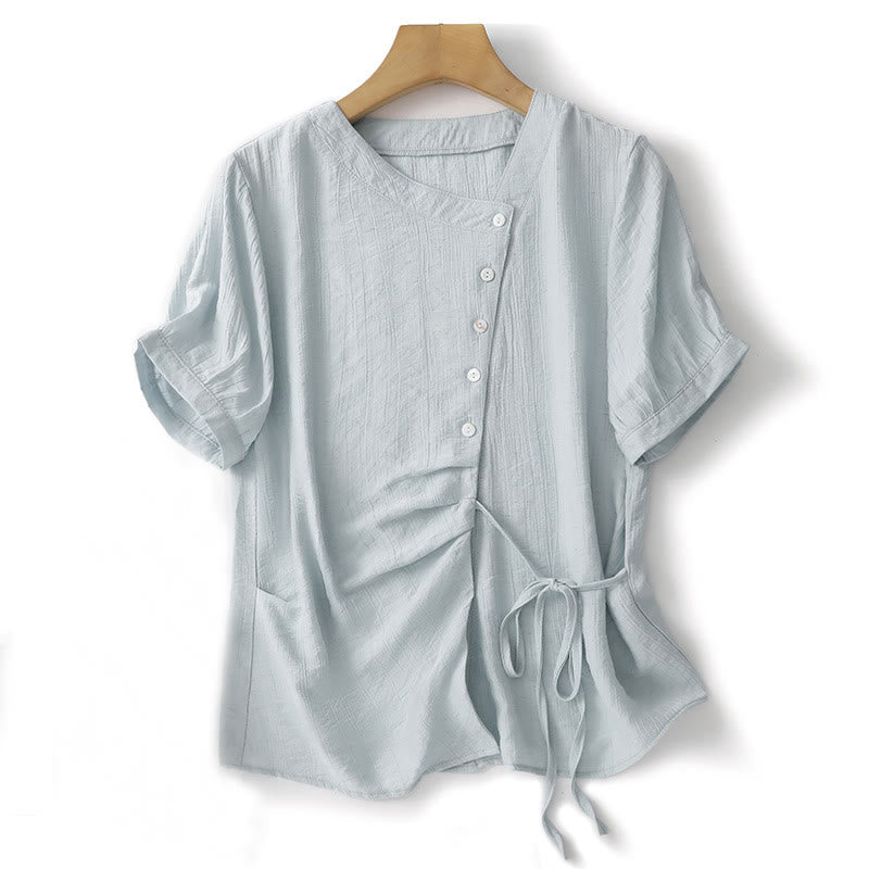 Camicia da donna in cotone a maniche corte con lacci asimmetrici e motivo Buddha Stones - Blu polvere - US8-10, UK/AU12-14, EU40-42 (2XL) - image 1