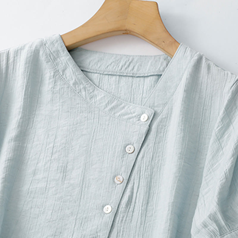 Camicia da donna in cotone a maniche corte con lacci asimmetrici e motivo Buddha Stones - image 2