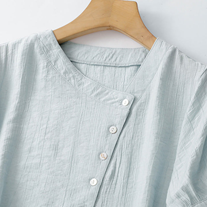 Camicia da donna in cotone a maniche corte con lacci asimmetrici e motivo Buddha Stones - image 2
