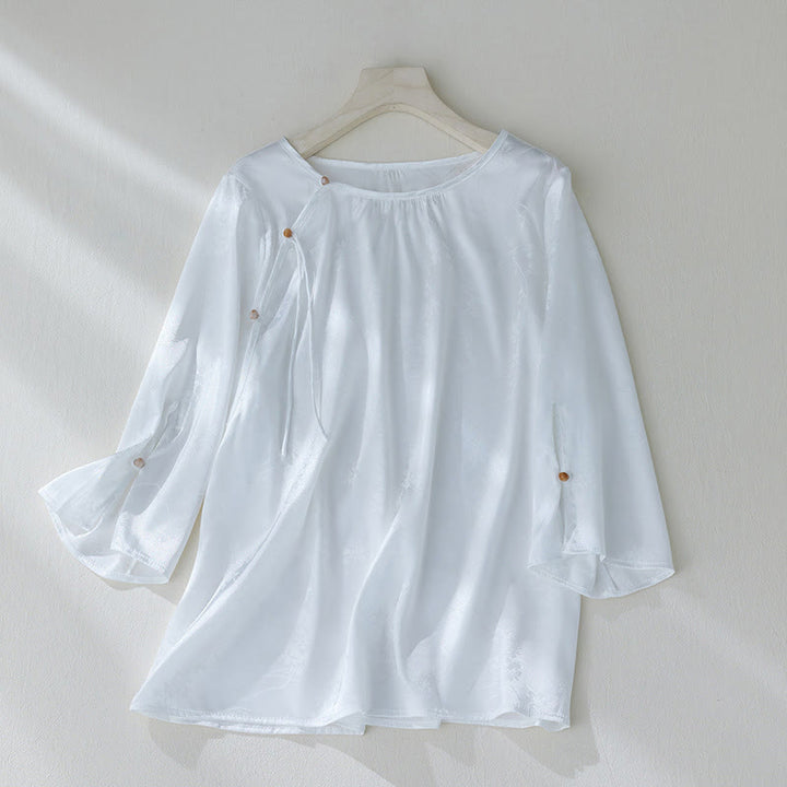 Camicia da donna con maniche a tre quarti, motivo floreale con spacchi, in jacquard tinta unita , Buddha Stones - Bianco - US8-10, UK/AU12-14, EU40-42 (2XL) - image 9