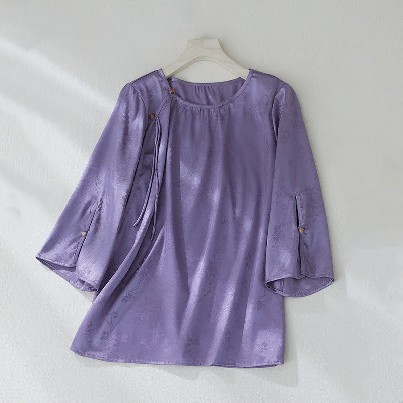 Camicia da donna con maniche a tre quarti, motivo floreale con spacchi, in jacquard tinta unita , Buddha Stones - BluViola - US8-10, UK/AU12-14, EU40-42 (2XL) - image 1