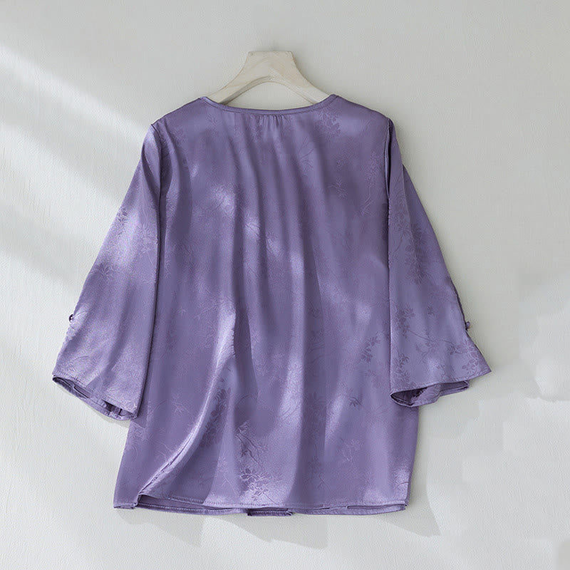 Camicia da donna con maniche a tre quarti, motivo floreale con spacchi, in jacquard tinta unita , Buddha Stones - image 2