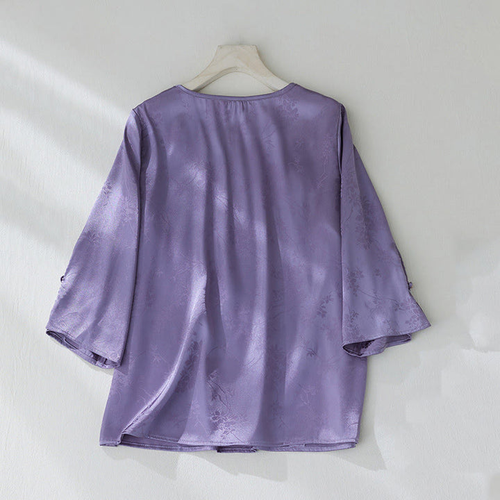 Camicia da donna con maniche a tre quarti, motivo floreale con spacchi, in jacquard tinta unita , Buddha Stones - image 2