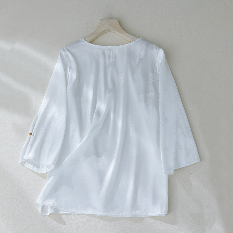 Camicia da donna con maniche a tre quarti, motivo floreale con spacchi, in jacquard tinta unita , Buddha Stones - image 10