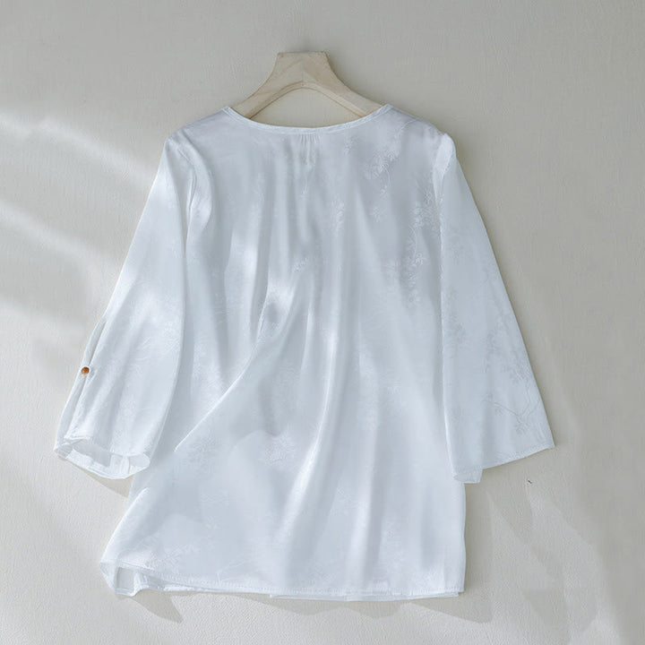 Camicia da donna con maniche a tre quarti, motivo floreale con spacchi, in jacquard tinta unita , Buddha Stones - image 10