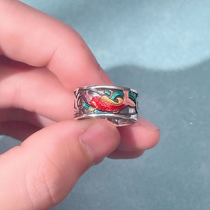 Anello di successo del Sutra del cuore del pesce koi in smalto blu Buddha Stones