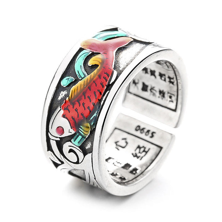 Anello di successo del Sutra del cuore del pesce koi in smalto blu Buddha Stones