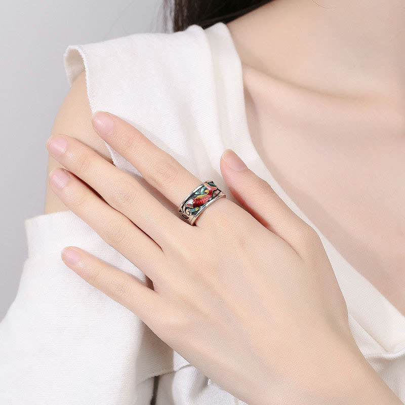 Anello di successo del Sutra del cuore del pesce koi in smalto blu Buddha Stones