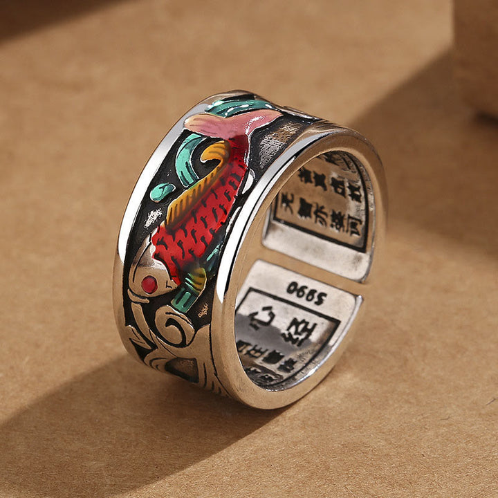 Anello di successo del Sutra del cuore del pesce koi in smalto blu Buddha Stones